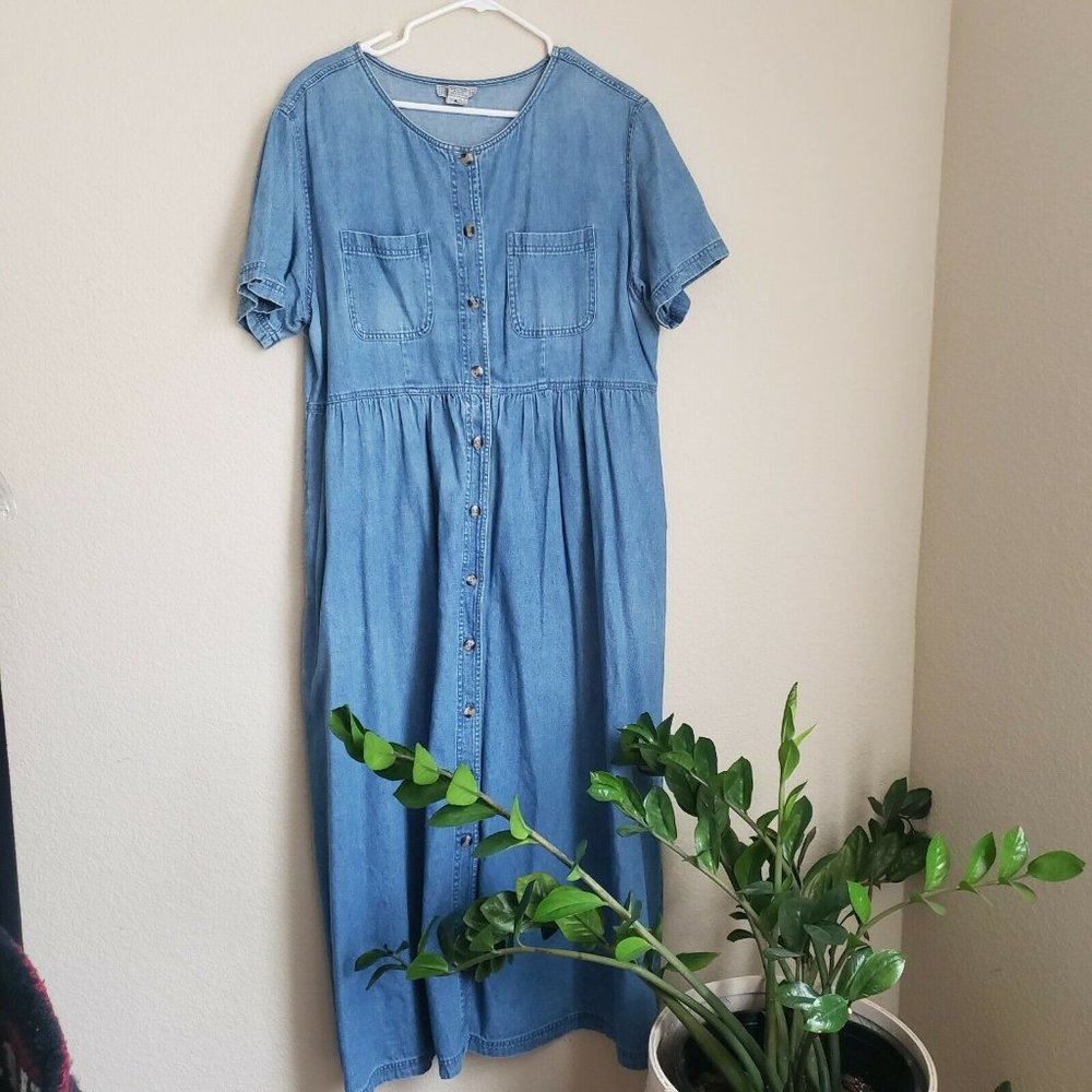 Fads Women's Denim Dress Button Front Pockets Short Sleeves Solid Blue Size XL